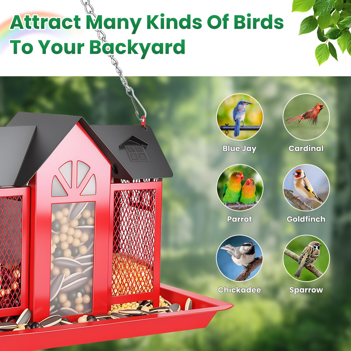 1Pc Metal Hanging Bird Feeder House Classic Barn Bird Feeder House Iron Hanging Outdoor Feeder With Visible Window And L