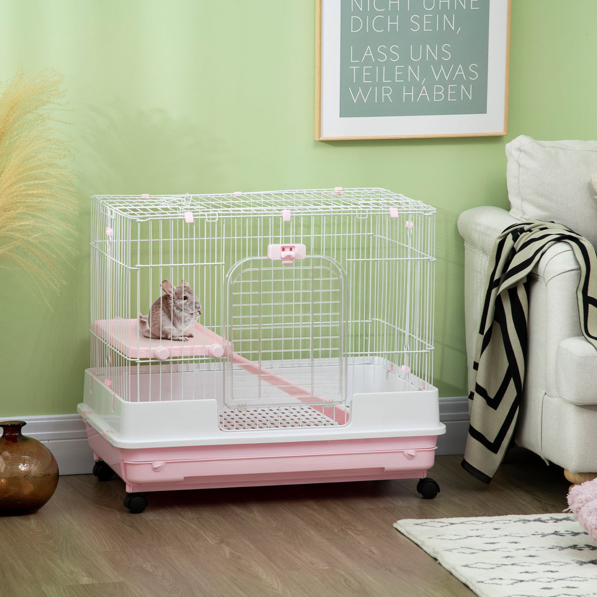 2-Level Small Animal Cage Rabbit Hutch with Wheels, Removable Tray, Platform and Ramp for Bunny, Chinchillas, Ferret, Pi