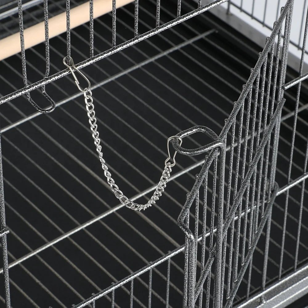 52''H Metal Rolling Bird Cage with 3 Perches & 4 Feeders & Extra Storage Shelf, Black - BIG FRENCHIES