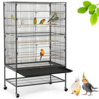 52''H Metal Rolling Bird Cage with 3 Perches & 4 Feeders & Extra Storage Shelf, Black - BIG FRENCHIES