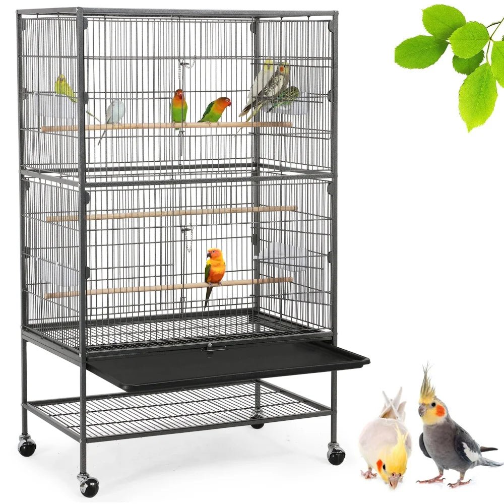 52''H Metal Rolling Bird Cage with 3 Perches & 4 Feeders & Extra Storage Shelf, Black - BIG FRENCHIES