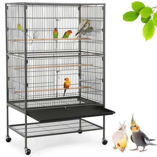 52''H Metal Rolling Bird Cage with 3 Perches & 4 Feeders & Extra Storage Shelf, Black - BIG FRENCHIES