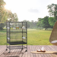 52''H Metal Rolling Bird Cage with 3 Perches & 4 Feeders & Extra Storage Shelf, Black - BIG FRENCHIES