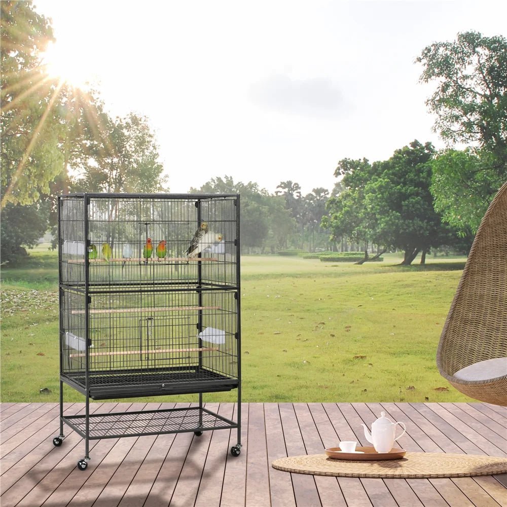 52''H Metal Rolling Bird Cage with 3 Perches & 4 Feeders & Extra Storage Shelf, Black - BIG FRENCHIES