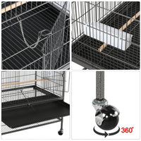 52''H Metal Rolling Bird Cage with 3 Perches & 4 Feeders & Extra Storage Shelf, Black - BIG FRENCHIES