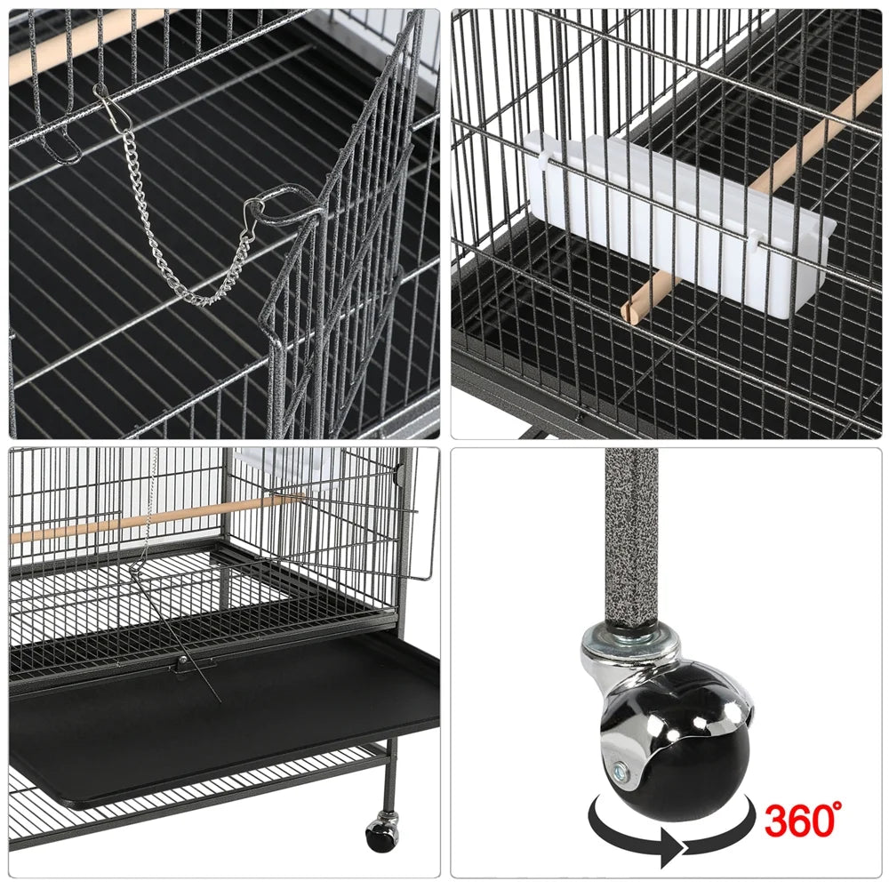 52''H Metal Rolling Bird Cage with 3 Perches & 4 Feeders & Extra Storage Shelf, Black - BIG FRENCHIES