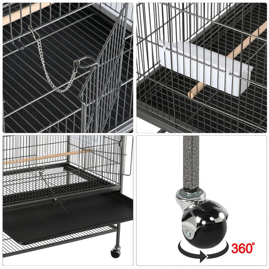 52''H Metal Rolling Bird Cage with 3 Perches & 4 Feeders & Extra Storage Shelf, Black - BIG FRENCHIES