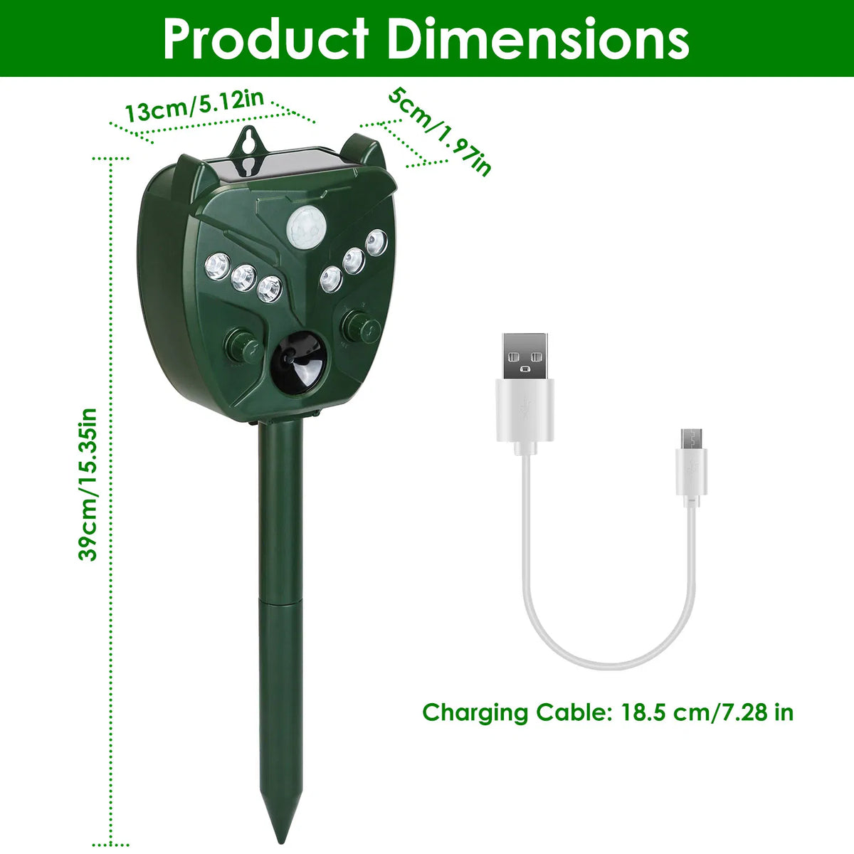5Setting Outdoor Ultrasonic Deterrent Unit, Solar and Micro USB Dual Charging, PIR Motion Detection, IP44 ABS Constructi