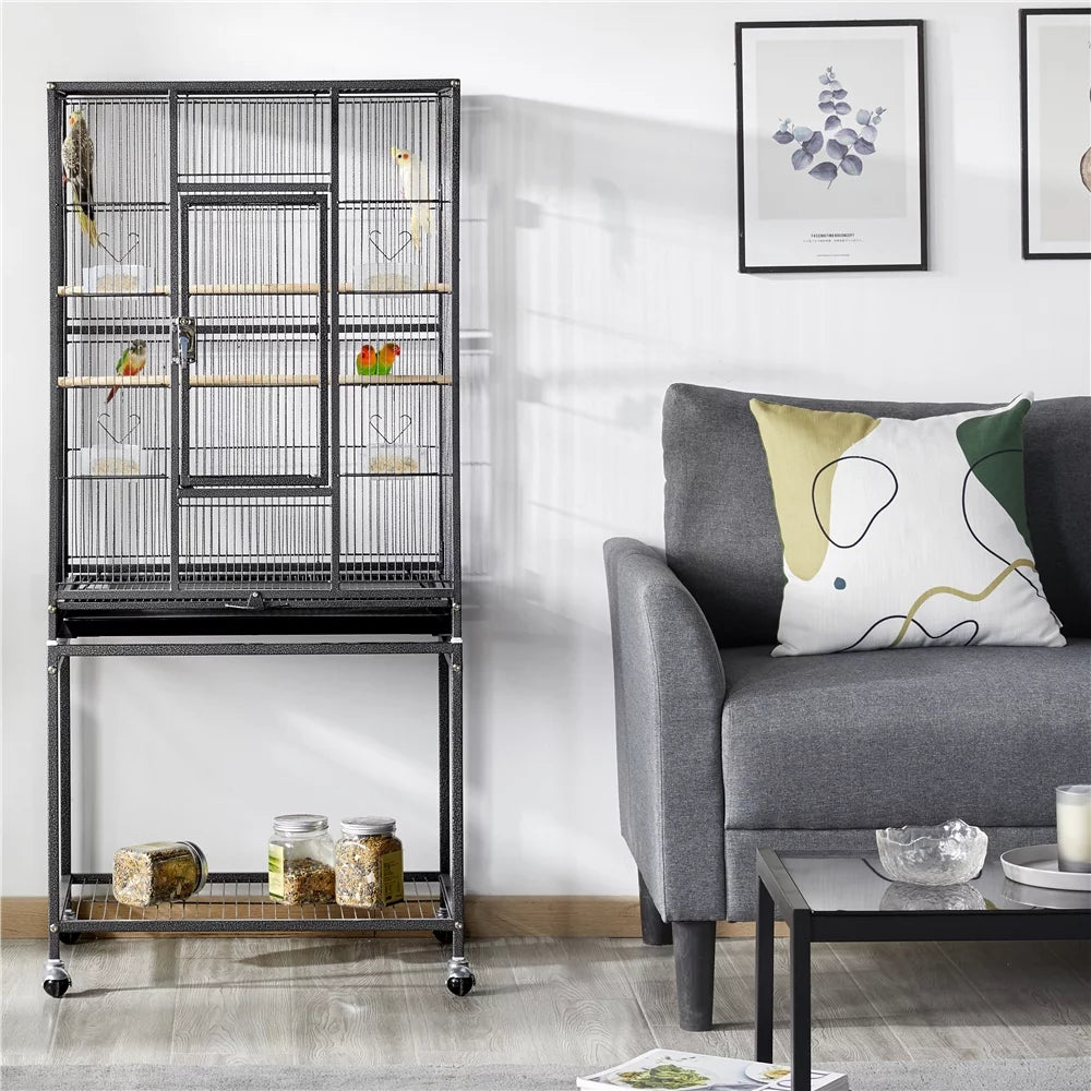 53.7'' H Rolling Bird Cage W/ Stand for Conures Parakeets Cockatiels,Black - BIG FRENCHIES