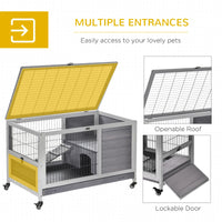 PawHut Indoor Rabbit Enclosure, Wooden Elevated Cage Habitat With Enclosed Run With Wheels - Ideal For Rabbits And Guine