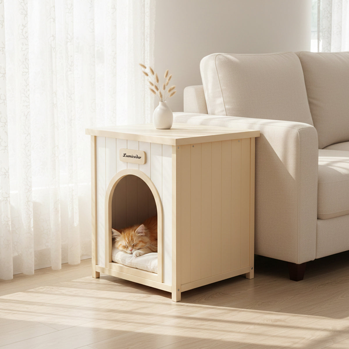 Modern Indoor Wooden Dog House with Removable Cushion – Solid Cedar Pet House for Small Dogs & Cats, Furniture-Grade Sca