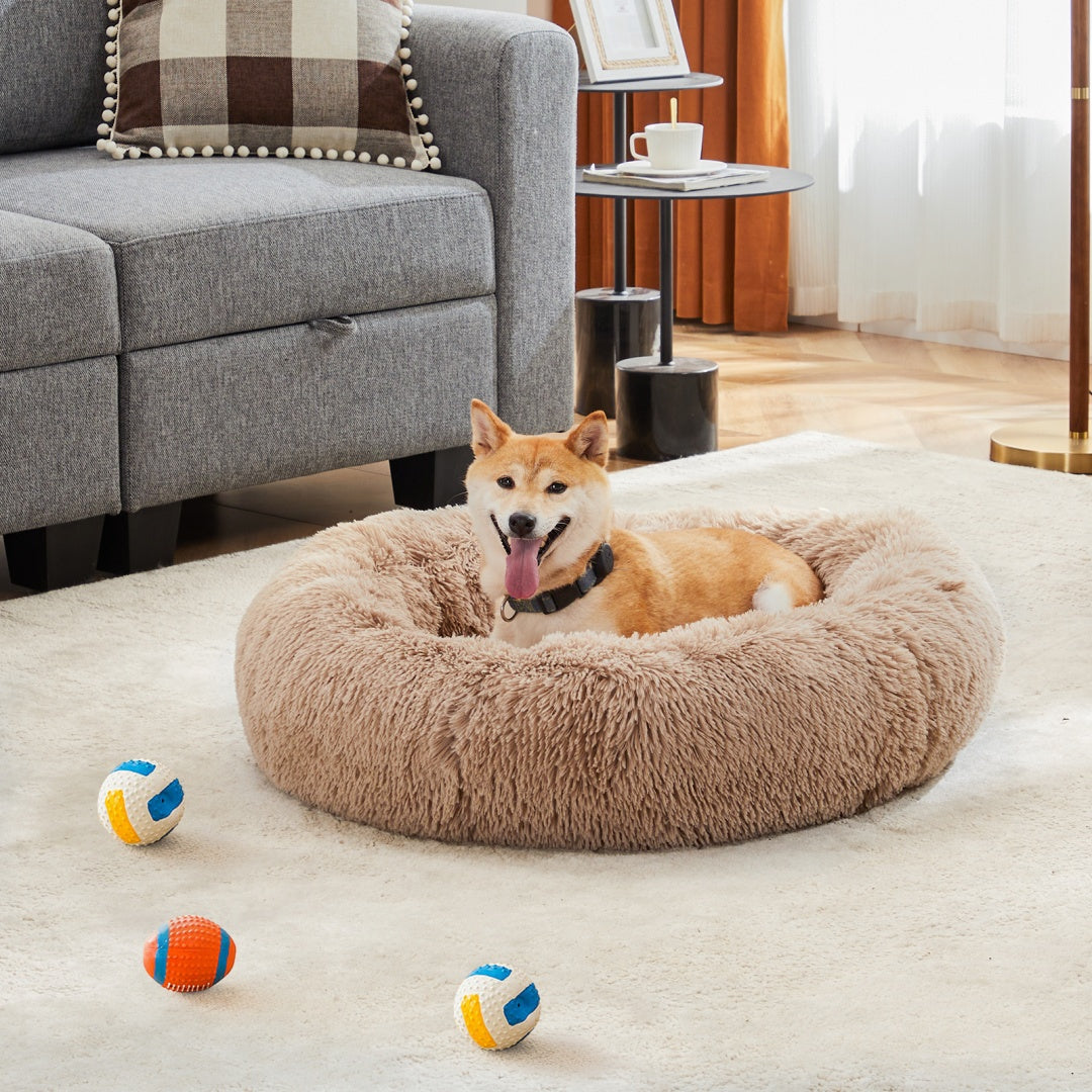 24 Inch Anti-Slip Round Fluffy Plush Faux Fur Cat Bed, Fits Up To 25 Lbs Pets