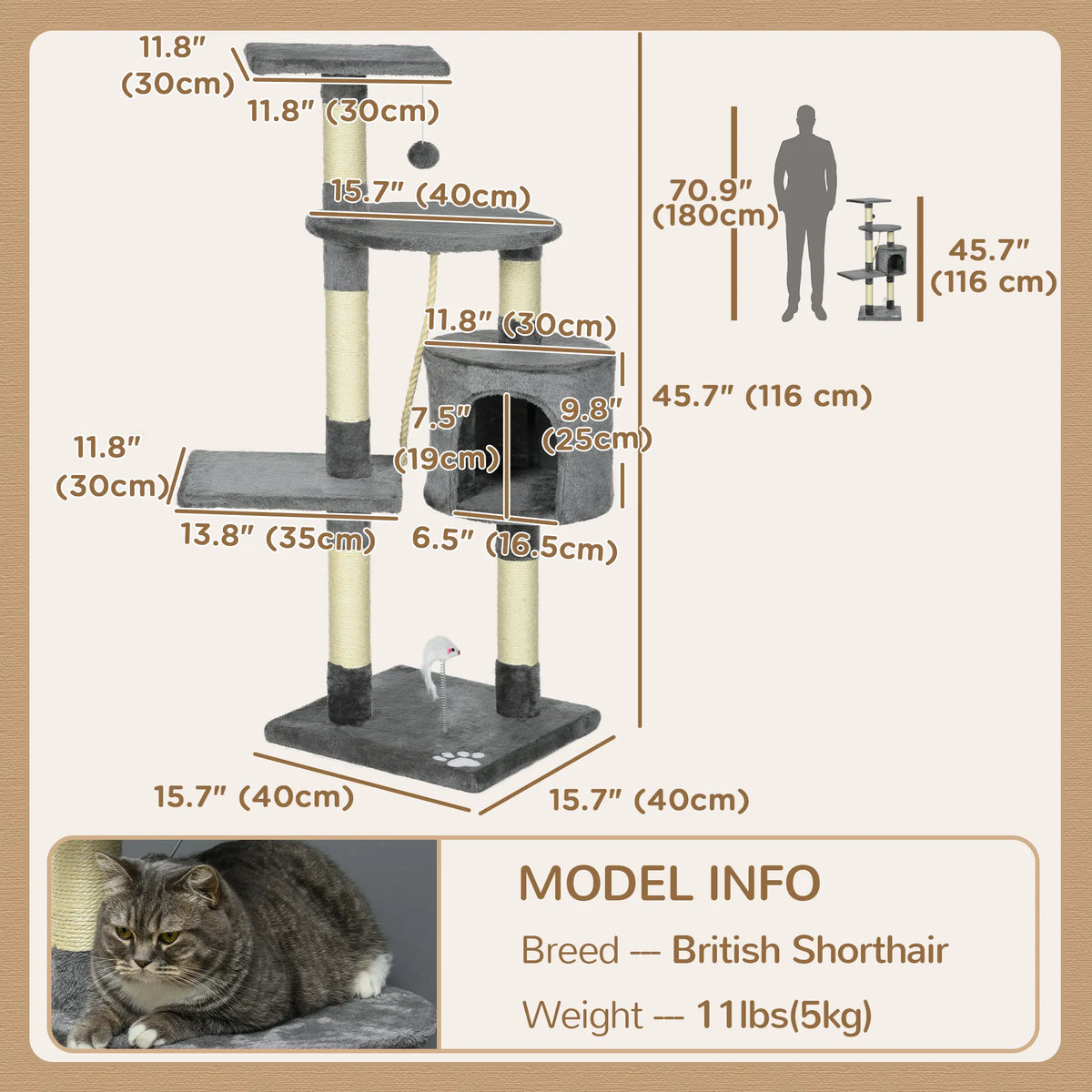 46Inch Scratching Cat Tree, Multi Level Cat Tower for Large Cats Adult with Toys and Condo, Grey