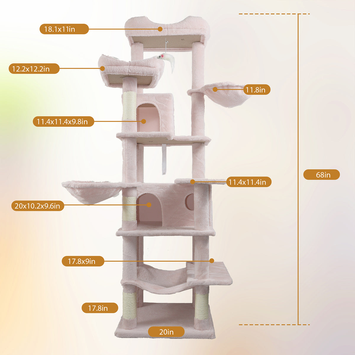 68in Tall Multi-Level Green Cat Tree with Hammocks, Hanging Basket, Cat Cave, Removeable Cushion, Scratching Posts - Plu