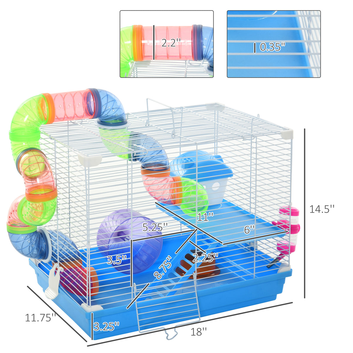 2-Level Hamster Cage Rodent Gerbil House Mouse Mice Rat Habitat Metal Wire with Exercise Wheel, Play Tubes, Water Bottle