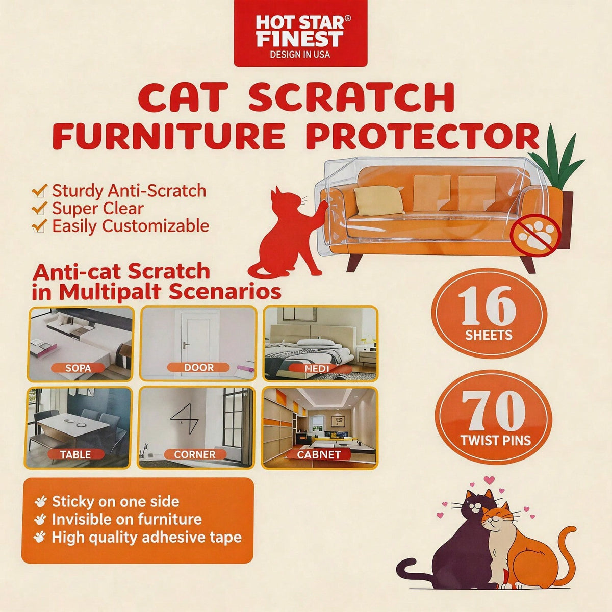 Cat Scratch Furniture Protector Set 16 Clear Sheets, Incldes 8 Sheets Of 279 358mm And 8 Sheets Of 140 358mm, 70 Twist P