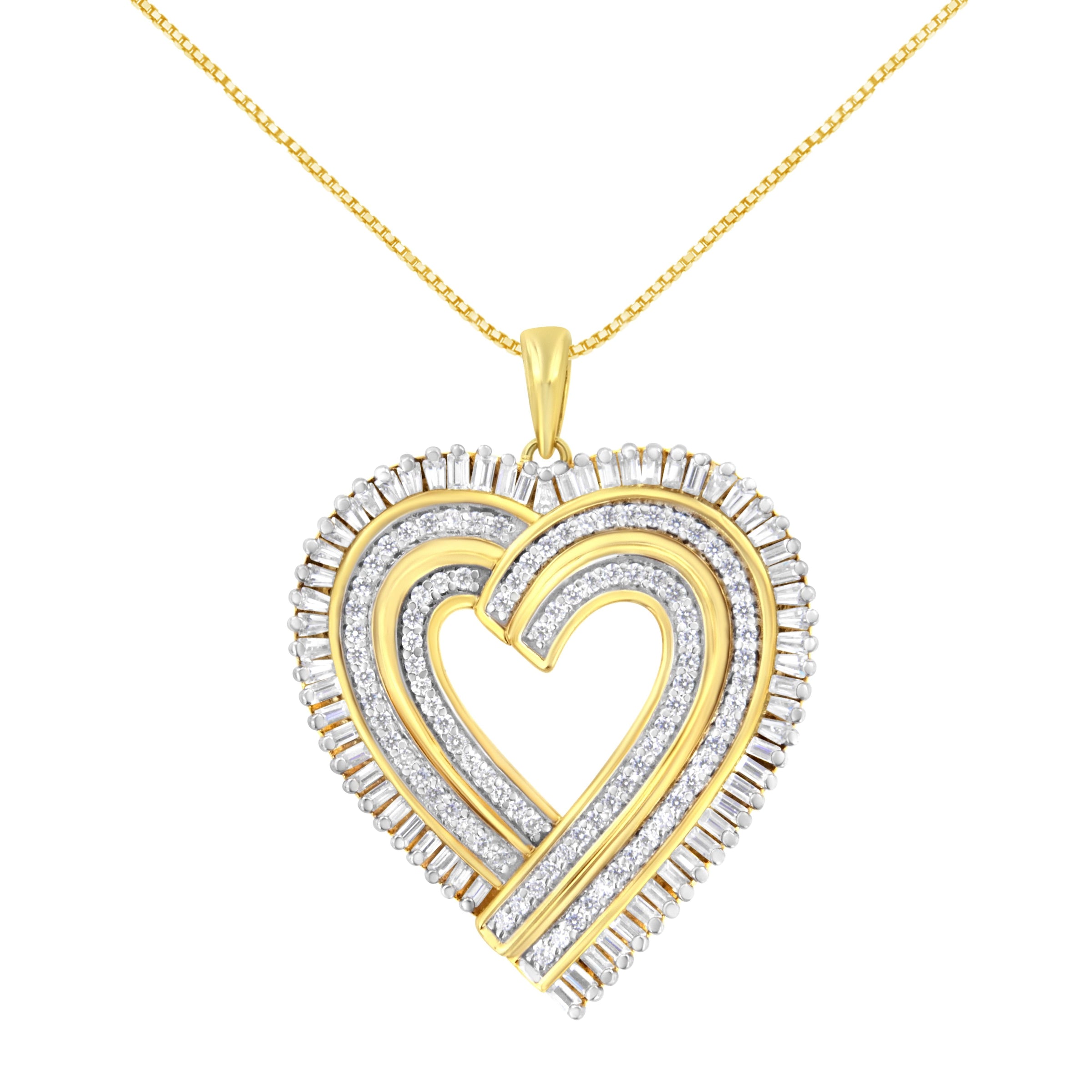 14K Yellow Gold Plated .925 Sterling Silver 1/4 Cttw Round and Baguette-Cut Diamond Composite Heart 18" Pendant Necklace (H-I Color, SI2-I1 Clarity)