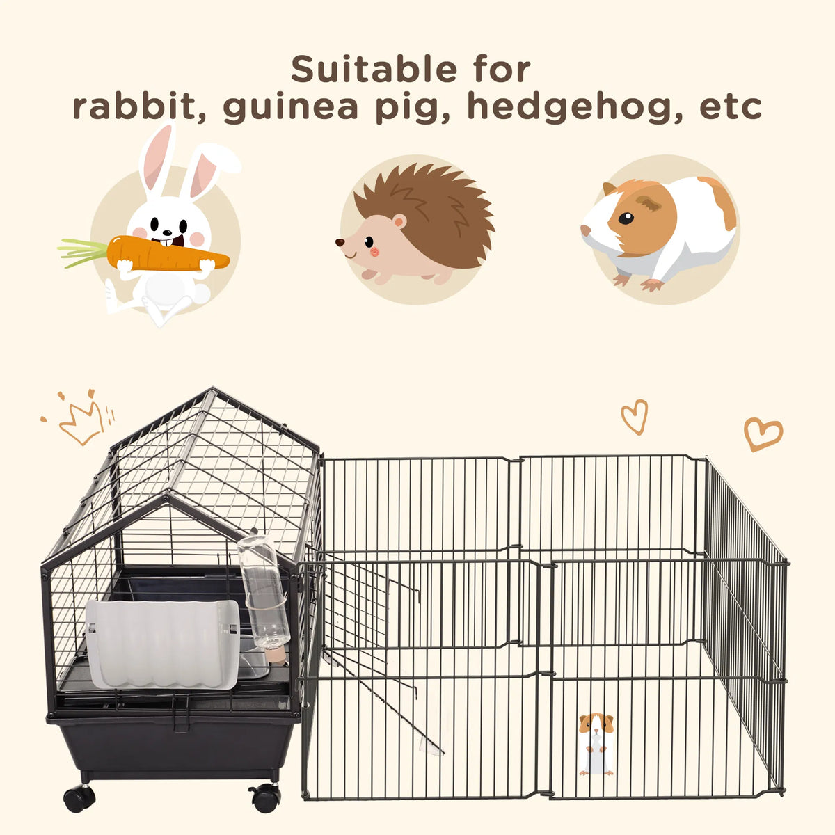 Metal Small Animal Cage, Rabbit Cage for Guinea Pig Chinchilla Hedgehog Bunny with Removable Wheels and Foldable Detacha