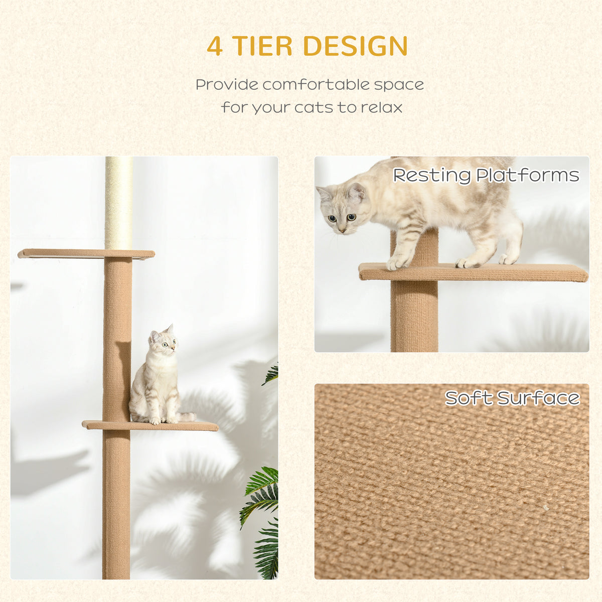 Floor-to-Ceiling Cat Tree Climbing Tower with Sisal-Covered Scratching Posts Natural Cat Tree Activity Center for Kitten