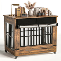 42in Large Dog Crate Furniture, Double Door Wooden Indoor Dog Kennel Furniture, Decorative Pet Cage End Table With Wheel