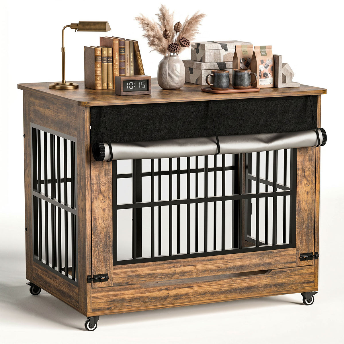 42in Large Dog Crate Furniture, Double Door Wooden Indoor Dog Kennel Furniture, Decorative Pet Cage End Table With Wheel