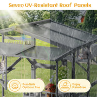 Large Outdoor Catio for 6-10 Cats, Pine Wood Cat Cage Outdoor with Weatherproof Roof, 6 Platforms, Climbing Ramp, 1 Rest