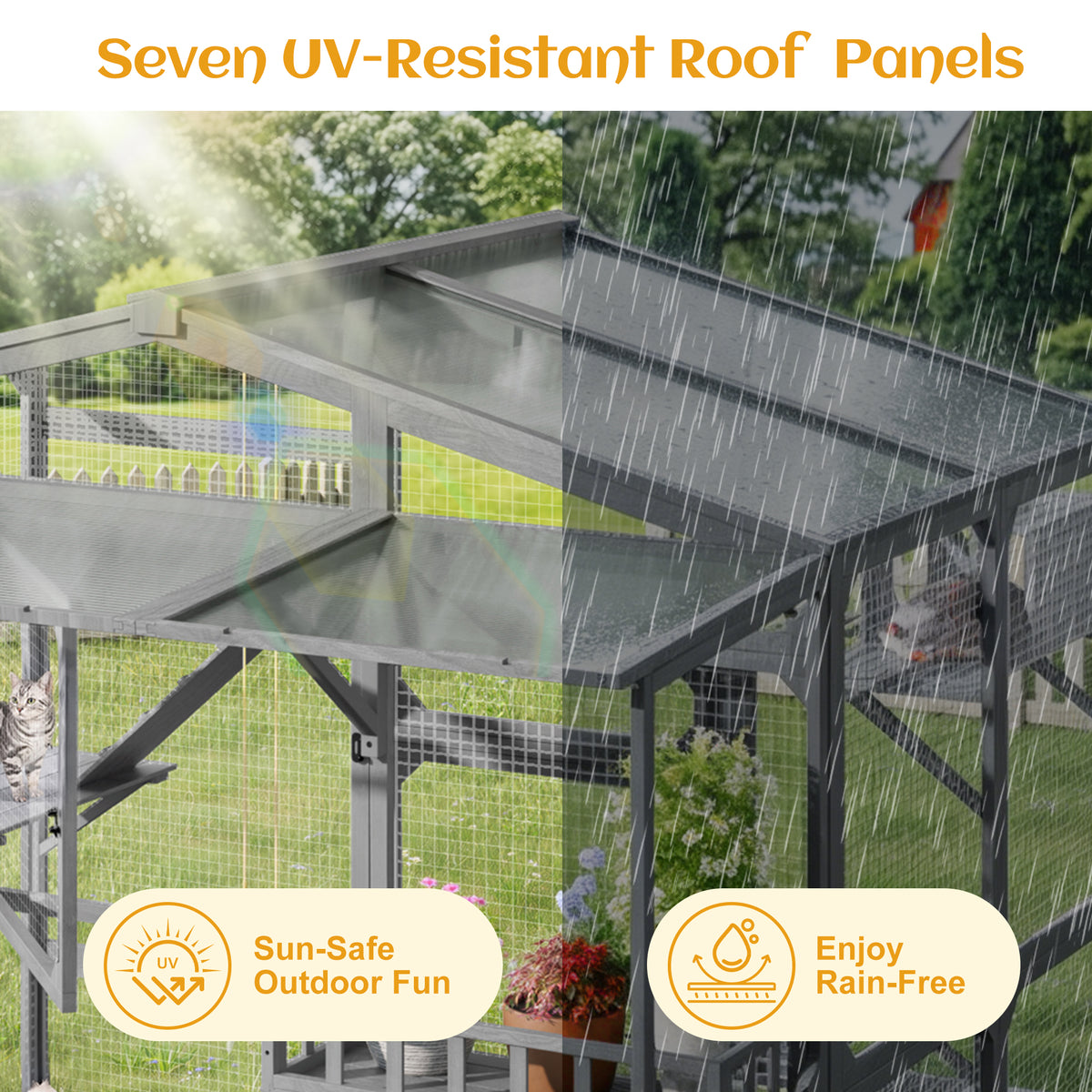 Large Outdoor Catio for 6-10 Cats, Pine Wood Cat Cage Outdoor with Weatherproof Roof, 6 Platforms, Climbing Ramp, 1 Rest