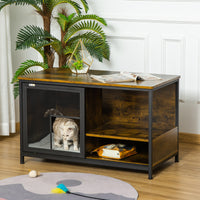 Wooden Cat Crate, Furniture Style Dog Cage, Puppy Kennel Indoor, End Table Pet House with Cushion and Sliding Doors, Rus