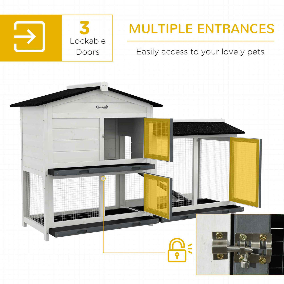 62" Rabbit Hutch, Wooden Bunny Hutch, Guinea Pig Cage, Small Animal Enclosure with Run Area, Removable Tray, Asphalt Roo