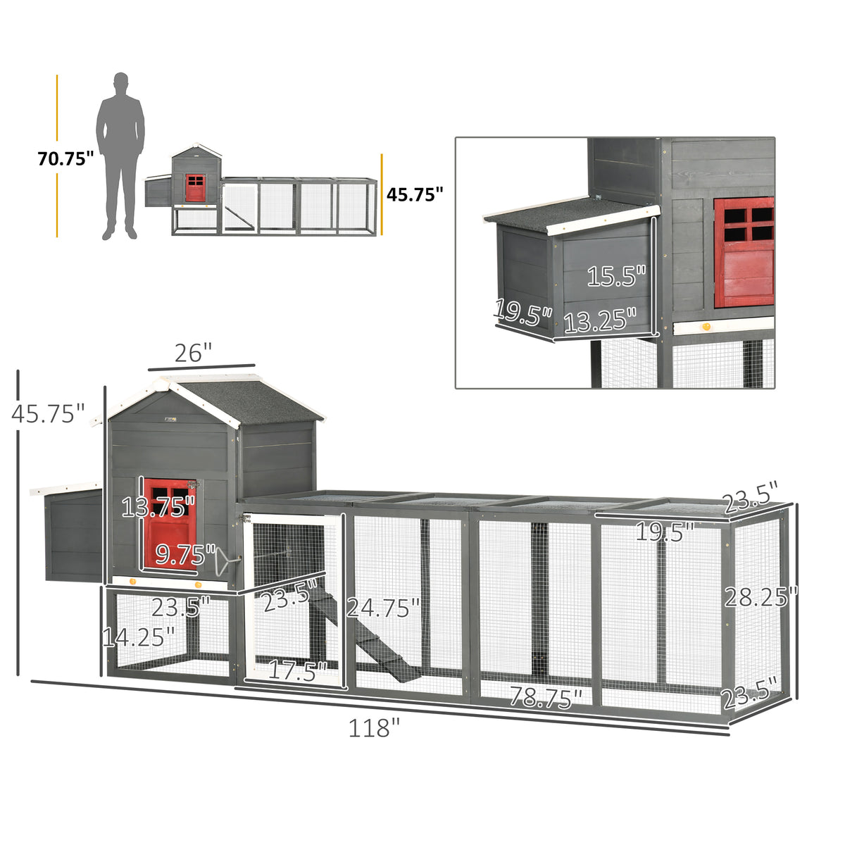 118" Extra Large Chicken Coop with Asphalt Roof, Wooden Hen Run with Slide-Out Tray and Nesting Box, Chicken Hutch for 3
