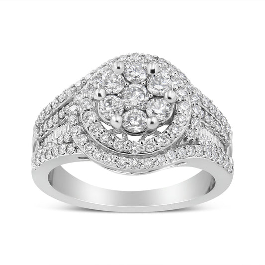 14K White Gold 1 1/2 Cttw Diamond Floral Cluster and Studded Shank Halo Ring (H-I Color, SI2-I1 Clarity) - Ring Size 7
