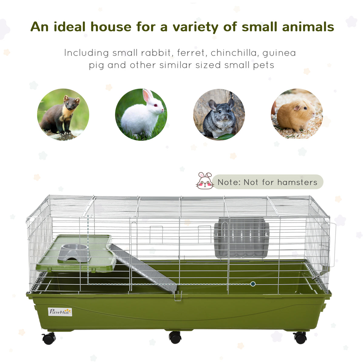 47" Small Animal Cage Chinchilla Guinea Pig Hutch Pet House with Platform Ramp, Food Dish, Wheels, & Water Bottle