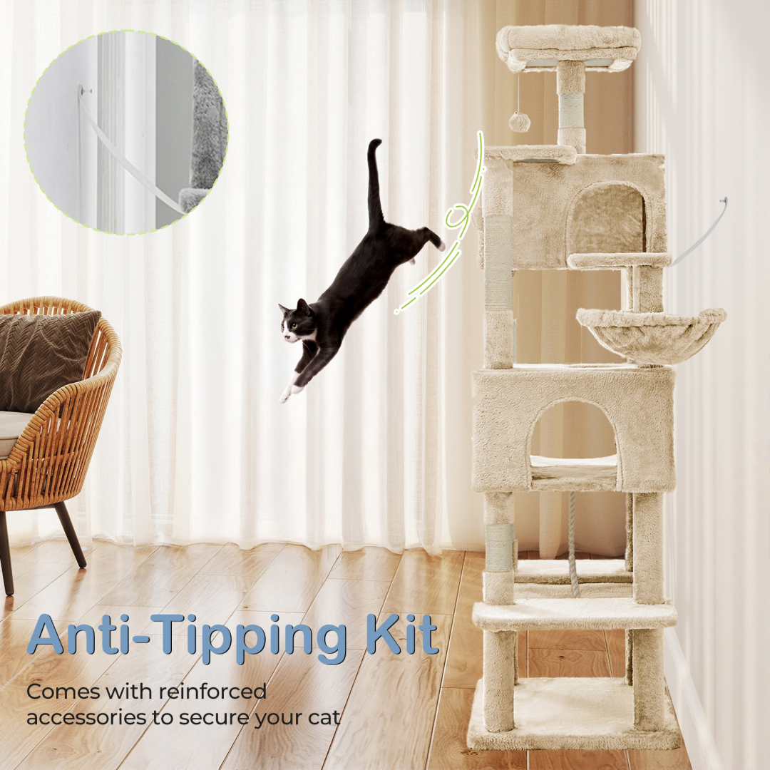 66 Inch Cat Tree Tower, Large Multi-Cat Climbing Extended Platform, Hammock, Pet House For Indoor Cats And Kittens Play