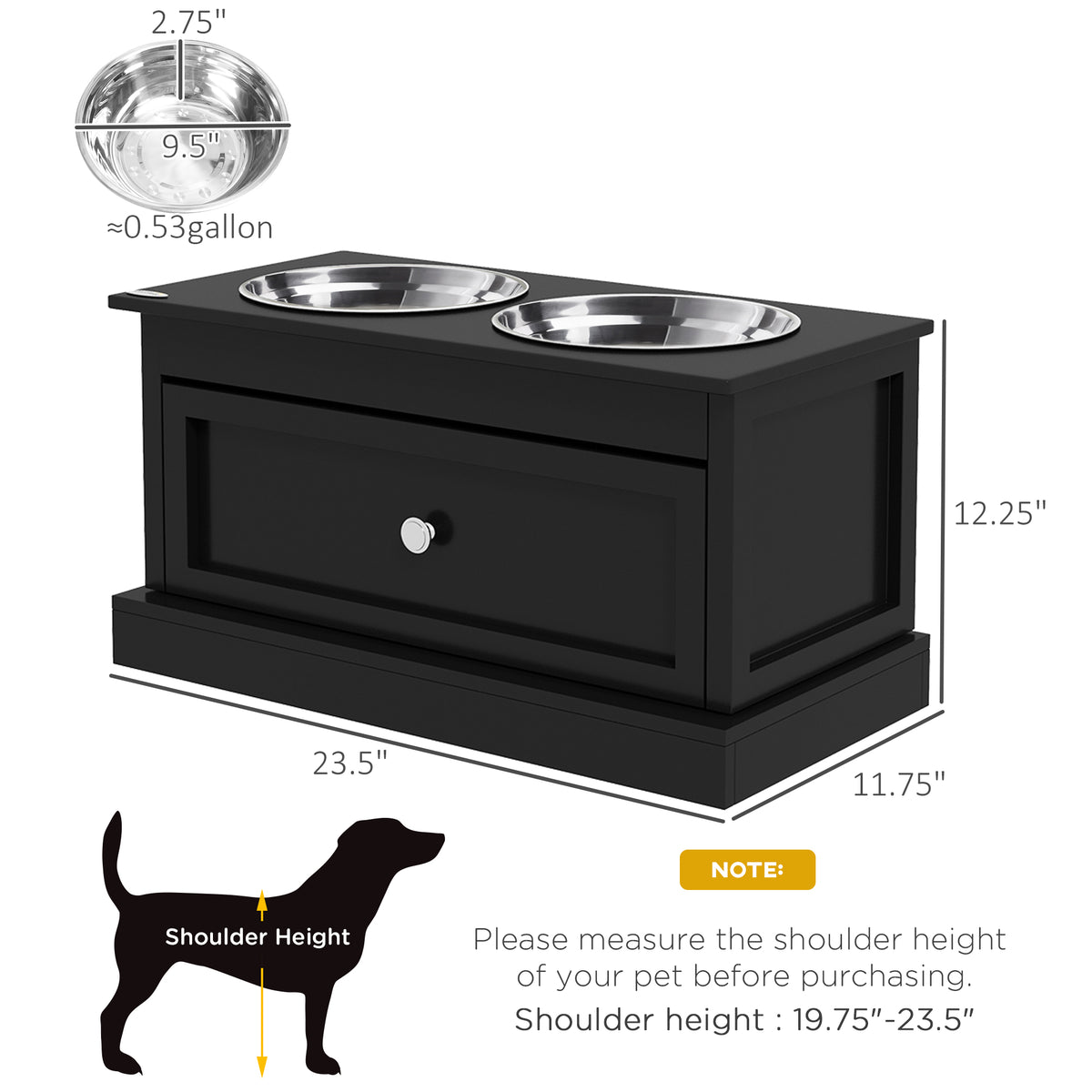 Elevated Dog Bowls with Storage Drawer, Raised Dog Bowl Stand Pet Food Bowl Dog Feeding Station, Black