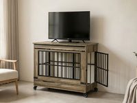 32in Dog Crate Furniture, Double Door Wooden Indoor Dog Kennel Furniture, Decorative Pet Cage End Table With Wheels For 