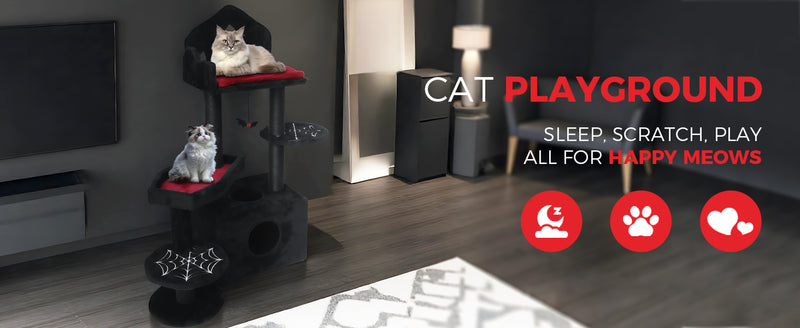 Black Gothic Cat Tree, Multi-Level Spooky Cat Tree with Scratching Posts, Perches, Hammock, and Cat Cave - Black Cat Tow