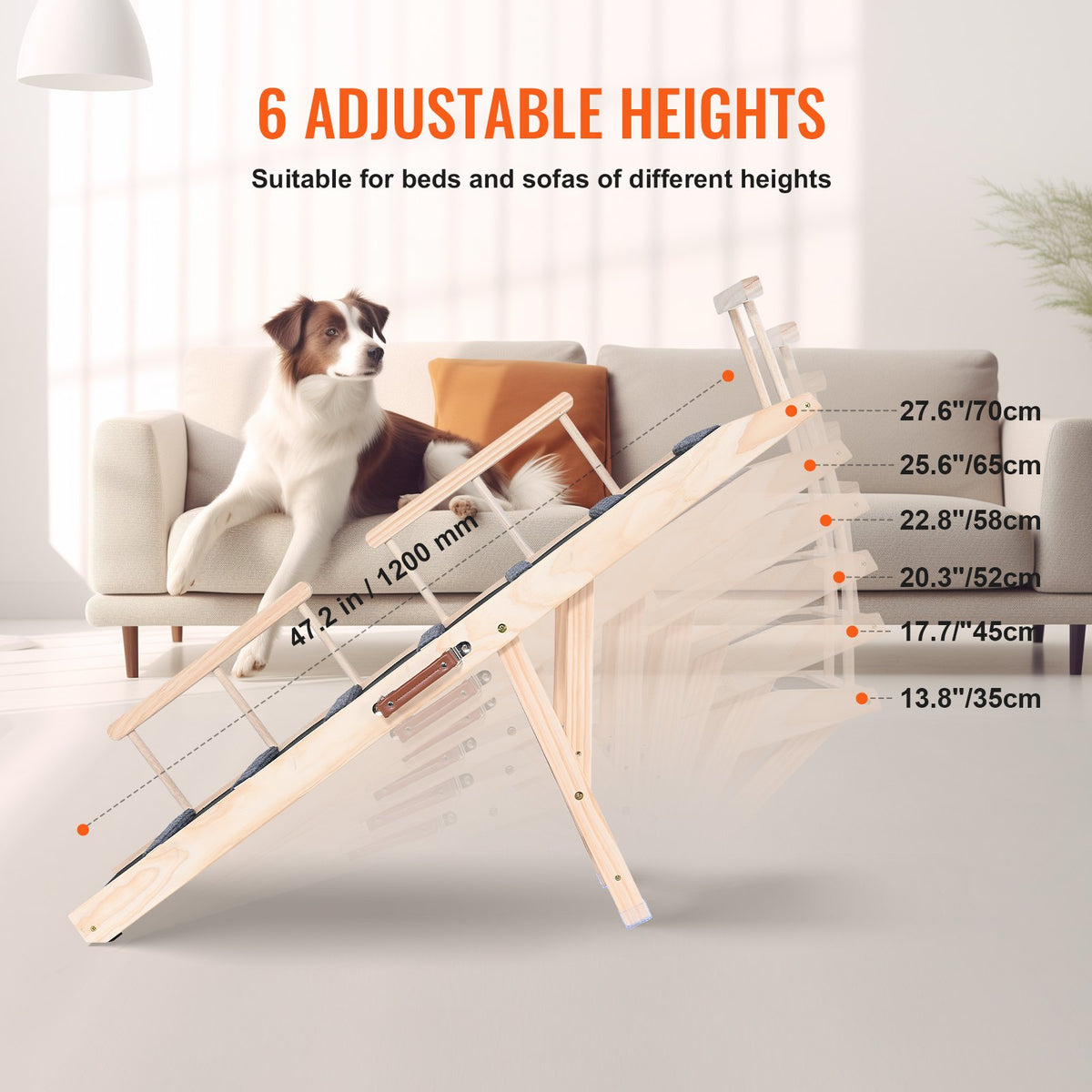Dog Ramp, Folding Pet Ramp For Bed, Adjustable Dog Ramp For Small, Large, Old Dogs & Cats, Wooden Pet Ramp With 47.2' Lo