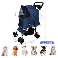 Foldable Pet Stroller for Small Dogs and Cats Under 28 lbs with Multi-Functional Tray, 2 Safety Leashes, Storage Basket 