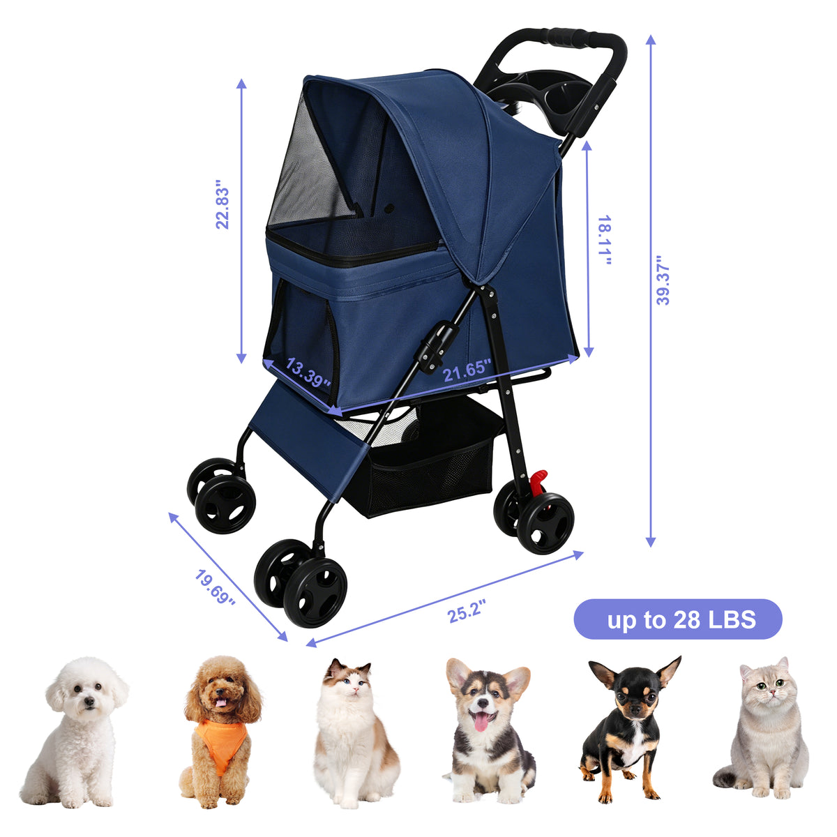 Foldable Pet Stroller for Small Dogs and Cats Under 28 lbs with Multi-Functional Tray, 2 Safety Leashes, Storage Basket 