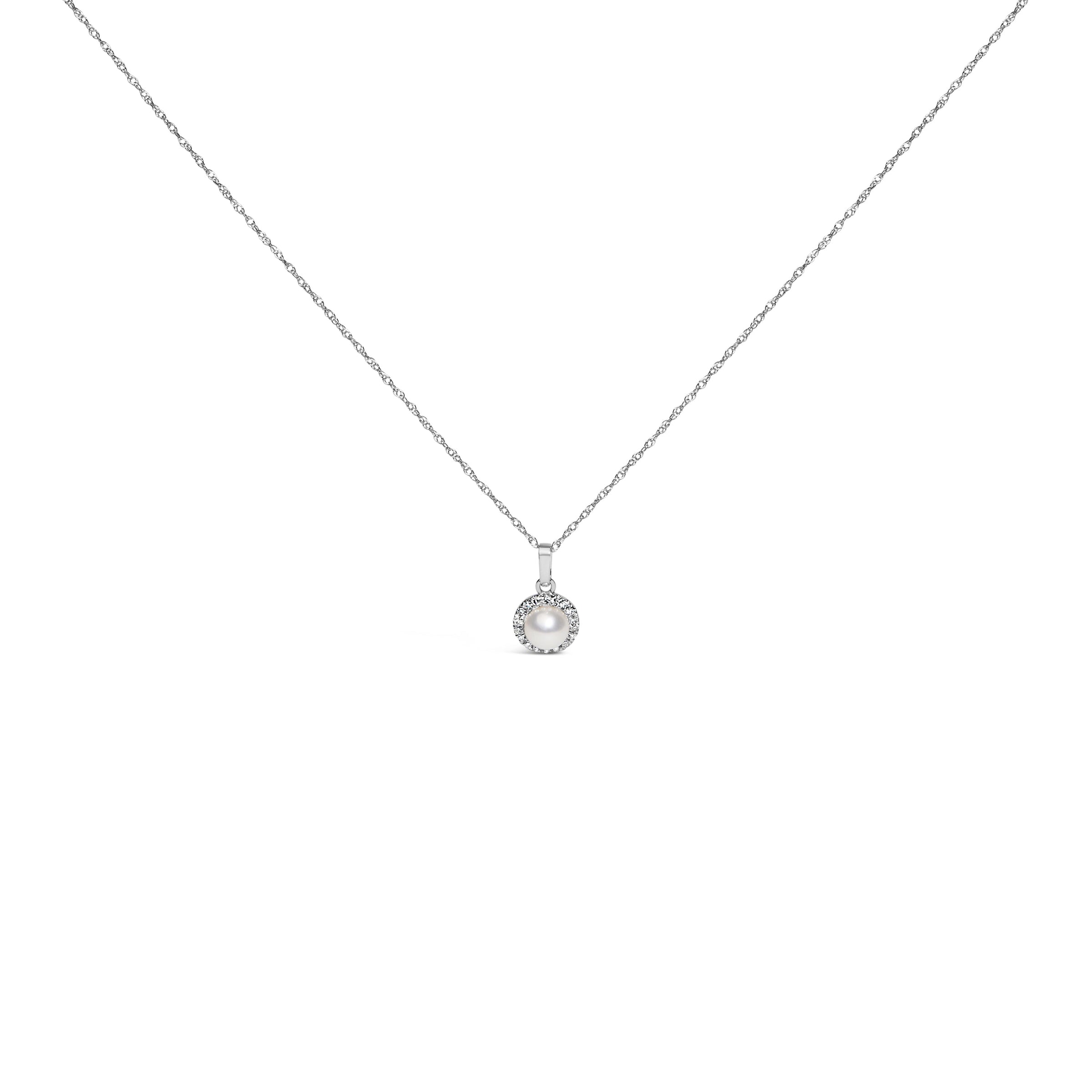 10K White Gold 5MM Cultured Pearl and Diamond Accent Halo Pendant Necklace