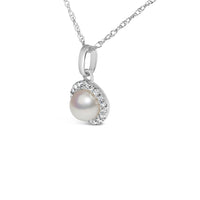 10K White Gold 5MM Cultured Pearl and Diamond Accent Halo Pendant Necklace