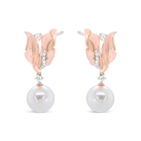14K Rose Gold 1/6 Cttw Round Diamond and 8mm Round Pearl Floral Drop Stud Earrings (H-I Color, I1-I2 Clarity)
