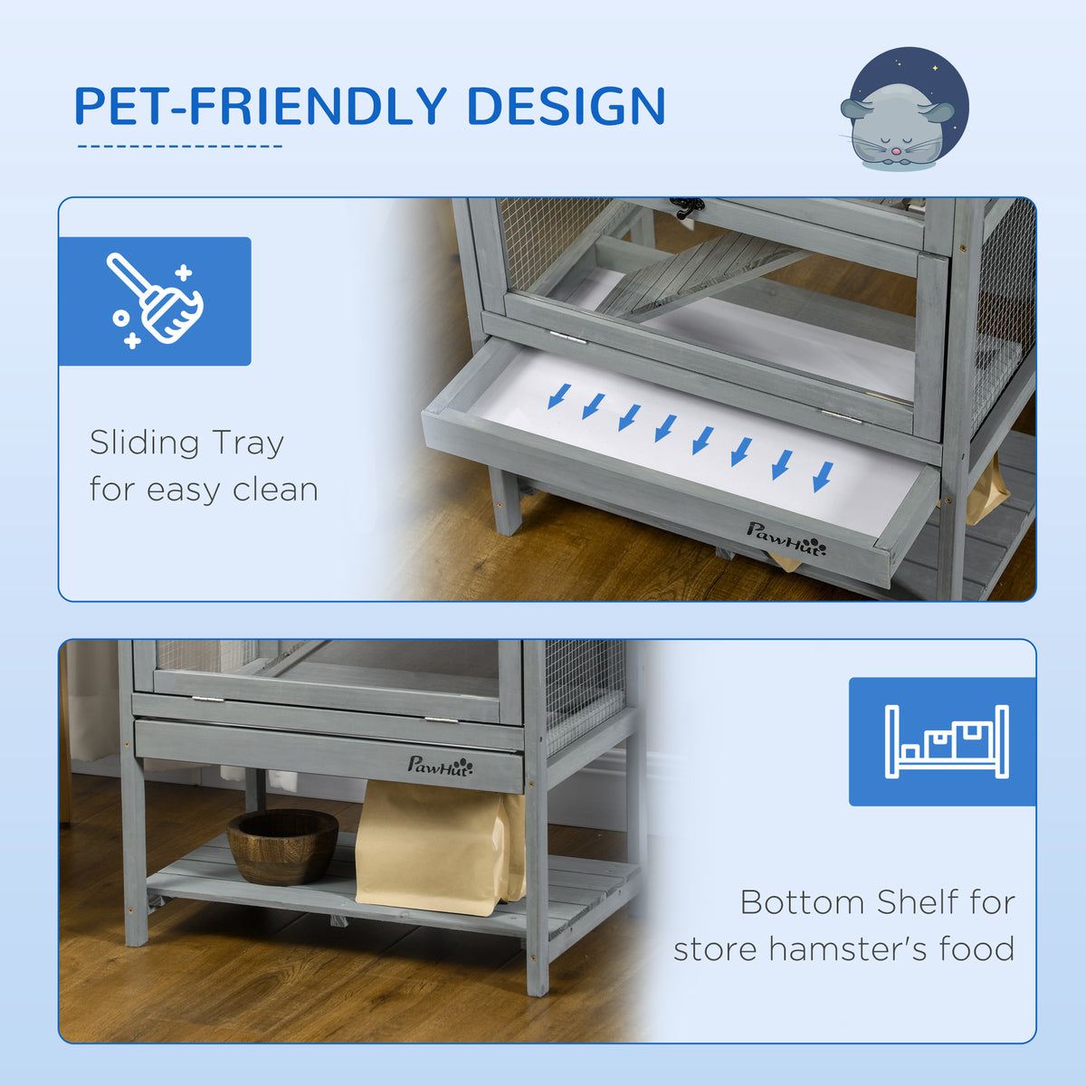 Wooden Hamster Cage with Storage Shelf, Large Rat Mouse Habitat Including Seesaw, Small Animal Cage with Sliding Tray, W