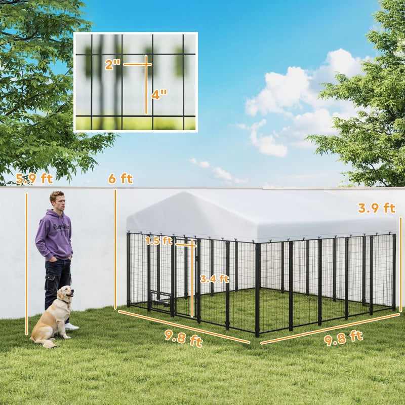 9.8' X 9.8' X 6'Outdoor Dog Kennel, Dog Kennel Outside Run With 360 Rotating Bowls, Waterproof & UV Resistant CoverMulti