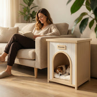 Modern Indoor Wooden Dog House with Removable Cushion – Solid Cedar Pet House for Small Dogs & Cats, Furniture-Grade Sca