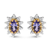 14K Yellow Gold 1/4 Cttw Diamond and Blue Purple Tanzanite Sunburst Halo Stud Earrings (K-L Color, I1-I2 Clarity)