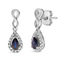 10K White Gold Pear Cut Blue Sapphire and 1/7 Cttw Diamond Infinity Drop and Dangle Earrings (I-J Color, I1-I2 Clarity)