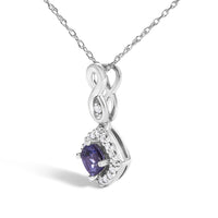 10K White Gold Blue Purple Tanzanite and Diamond Accent Cushion Drop Pendant Necklace - 18" Inches