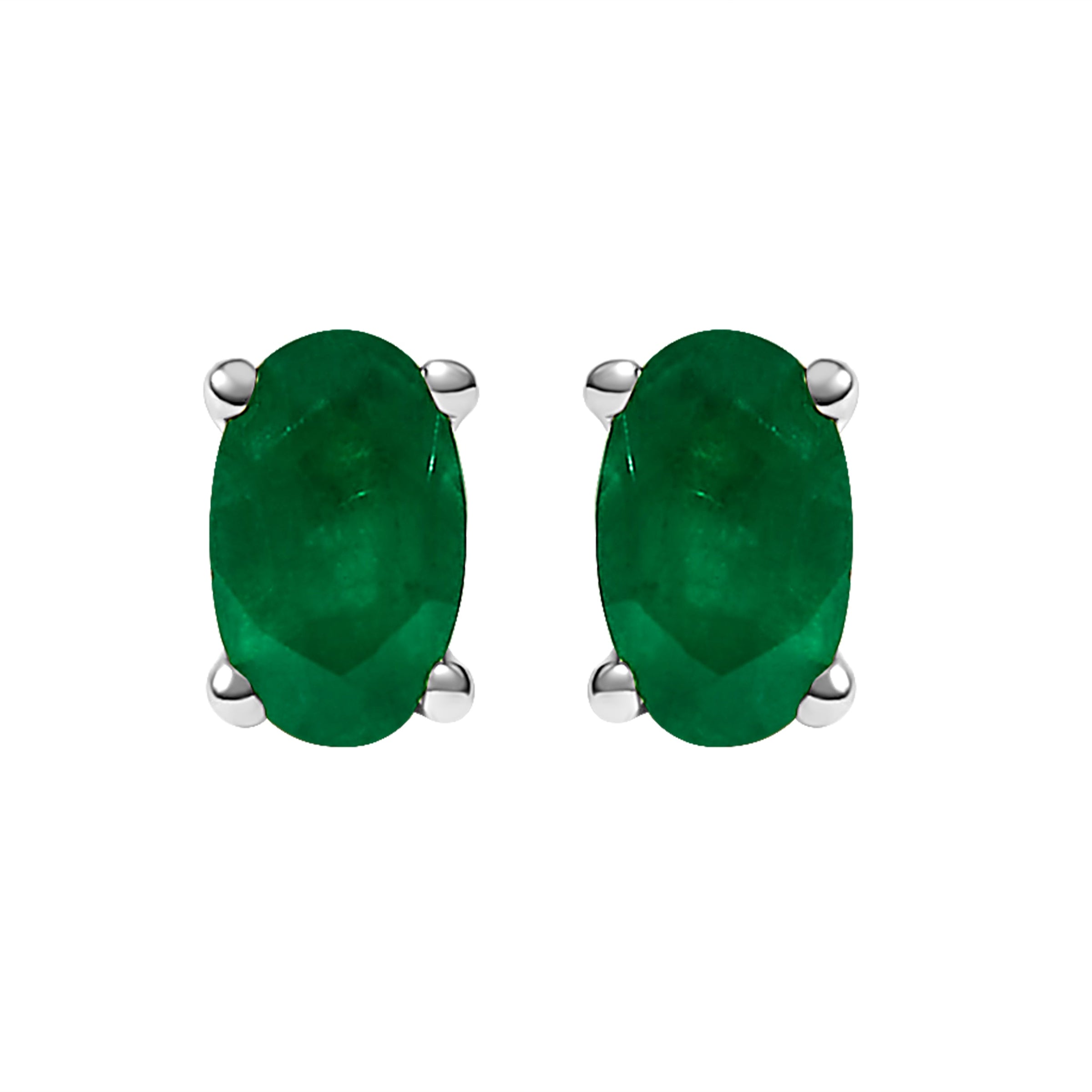 14K White Gold 5x3 MM Oval Green Emerald Solitaire Stud Earrings