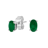 14K White Gold 5x3 MM Oval Green Emerald Solitaire Stud Earrings